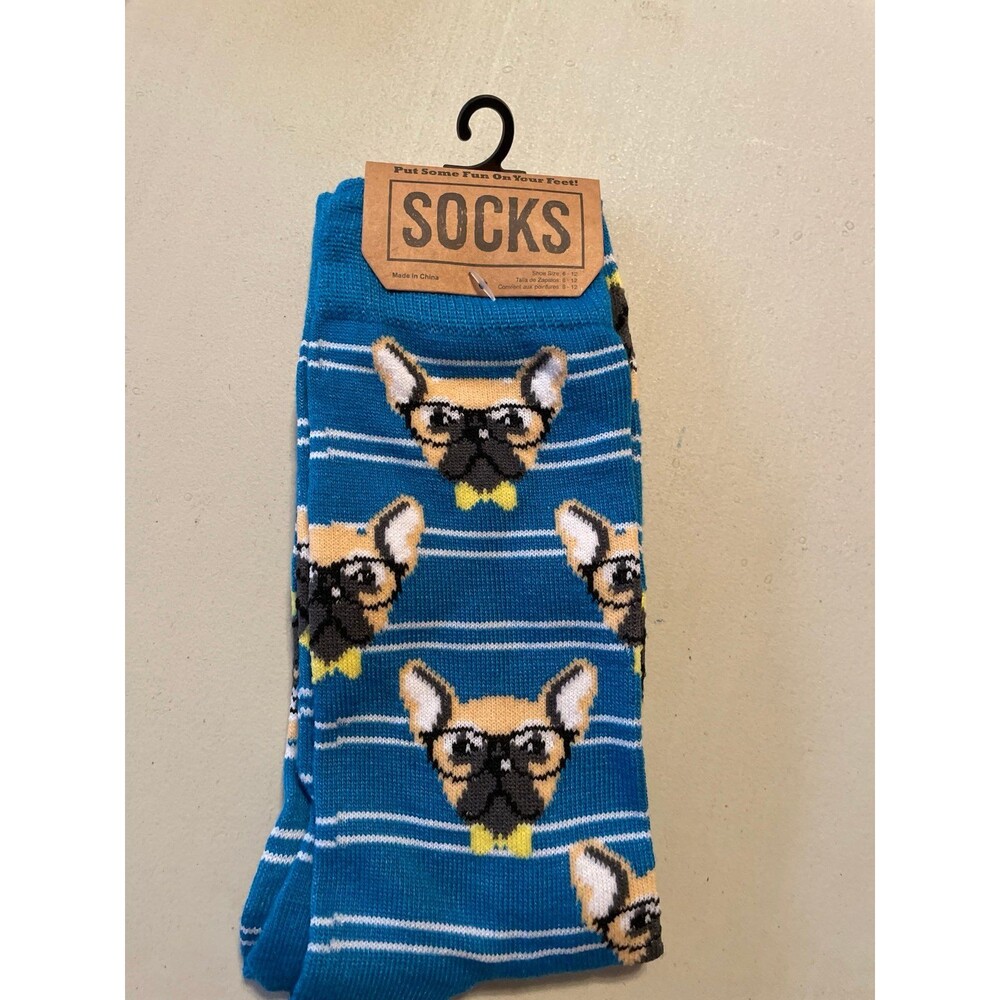 Bioworld novelty crew socks blue striped design French Bulldog pattern NWT men